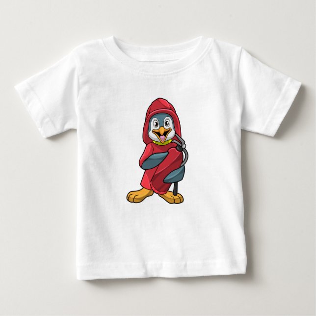 Camiseta Para Bebê Pinguim como Bombeiro com Extinguista (Frente)