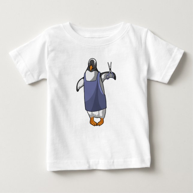 Camiseta Para Bebê Pinguim como cabeleireiro com tesoura (Frente)