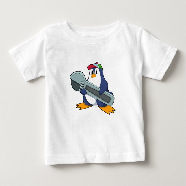 Camiseta Para Bebê Pinguim como Mecânico com Ferramenta (Frente)