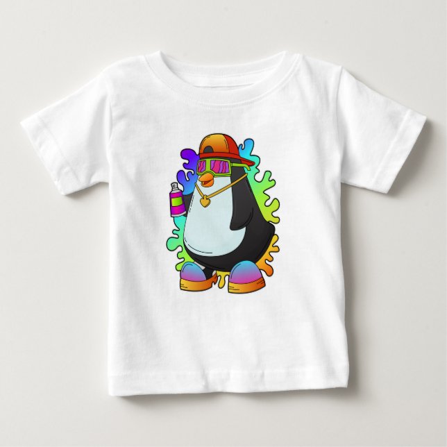 Camiseta Para Bebê Pinguim como Pintor com Spray (Frente)