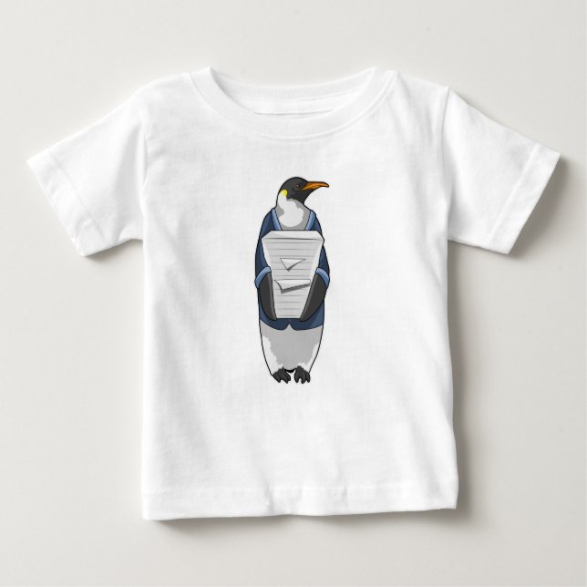 Camiseta Para Bebê Pinguim como Secretário com Pilha de Papel (Frente)