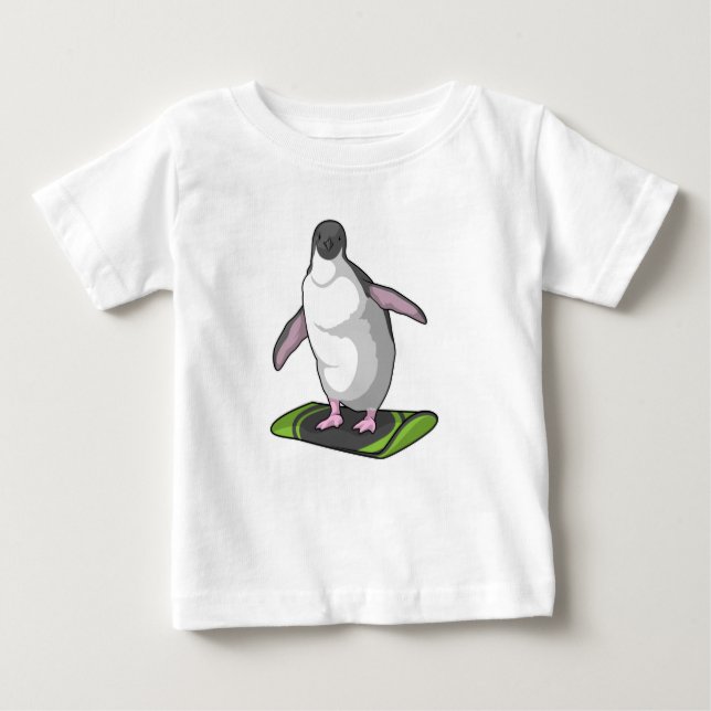 Camiseta Para Bebê Pinguim como Snowboarder com Snowboard (Frente)