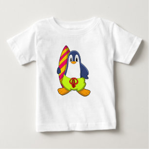 Camiseta Para Bebê Pinguim como Surfer com Surfboard