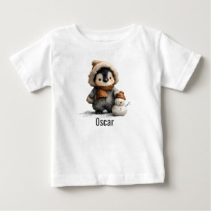 Camiseta Para Bebê Pinguim de Inverno com Desenho de Boneco de Neve