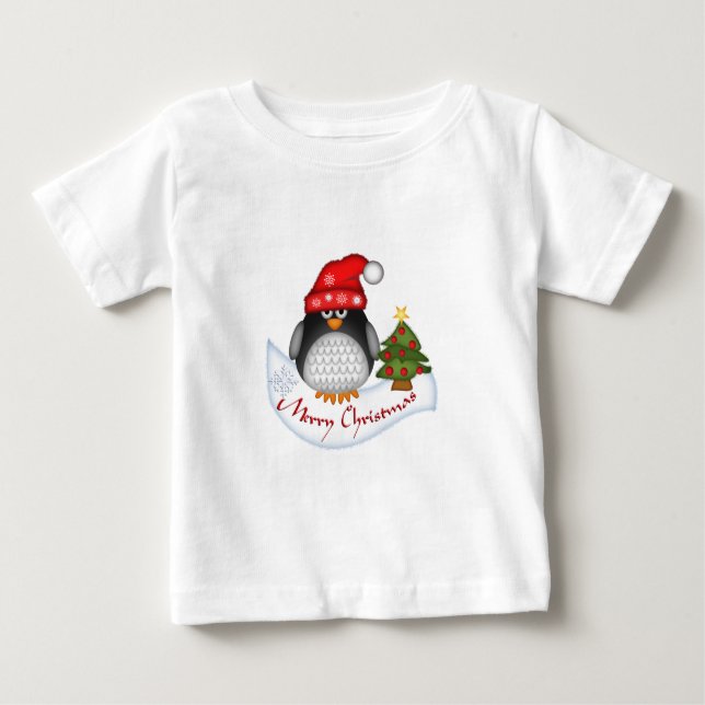 Camiseta Para Bebê Pinguim de Natal bonito com Criança de Texto Longa (Frente)