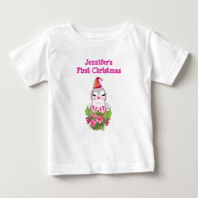 Camiseta Para Bebê Pinguim de Natal bonito no Papai Noel (Frente)