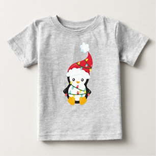 Camiseta Para Bebê Pinguim de Natal, Chapéu Santa, Luzes de Natal