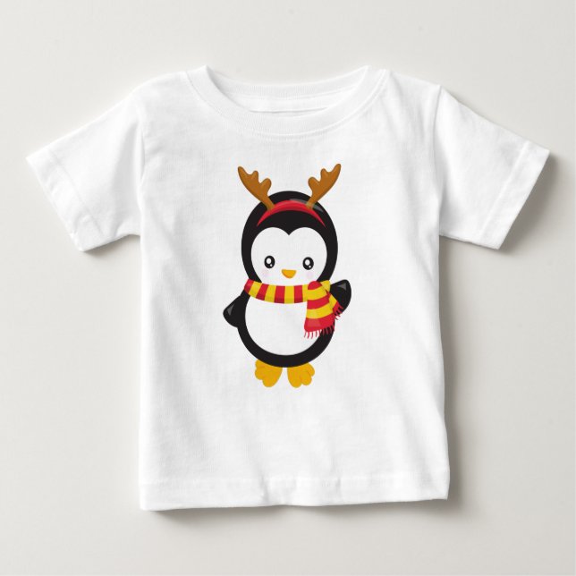 Camiseta Para Bebê Pinguim De Natal, Pinguim Com Scarf, Antlers (Frente)