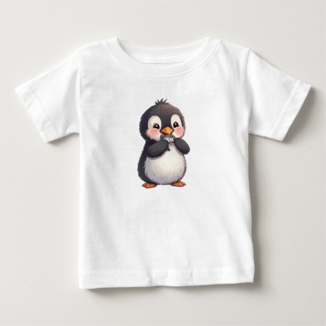 Camiseta Para Bebê Pinguim Fofo com Peixe (Frente)
