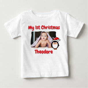 Camiseta Para Bebê Pinguim Fofo Primeiro Natal do Bebê Personalizado