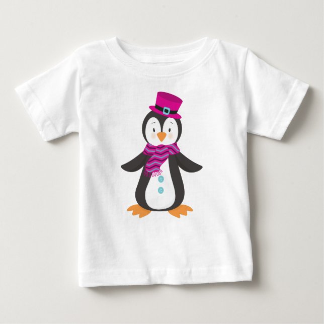 Camiseta Para Bebê Pinguim Gelado, Pinguim Com Chapéu, Pinguim Com Sc (Frente)
