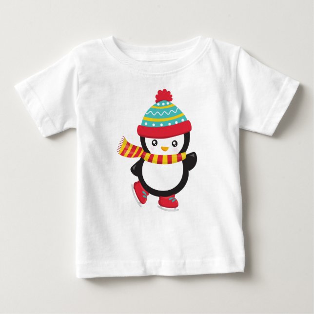 Camiseta Para Bebê Pinguim Gelado, Pinguim De Ice, Chapéu, Scarf (Frente)