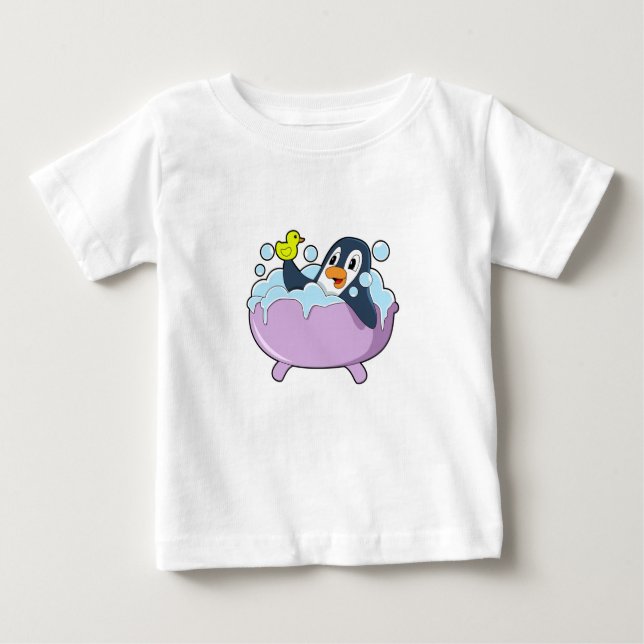 Camiseta Para Bebê Pinguim na Banheira com Pato (Frente)