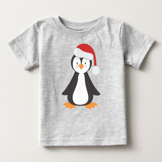 Camiseta Para Bebê Pinguim Natal, Pinguim Bebê, Chapéu Santa (Frente)