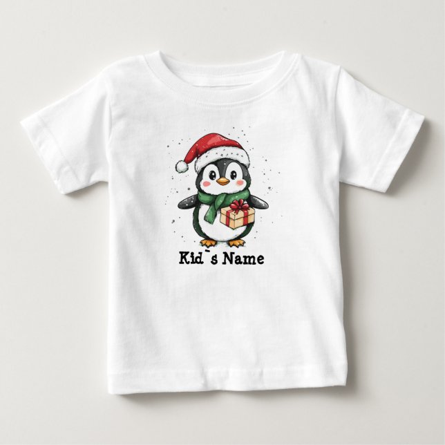 Camiseta Para Bebê Pinguim no natal santa hat (Frente)