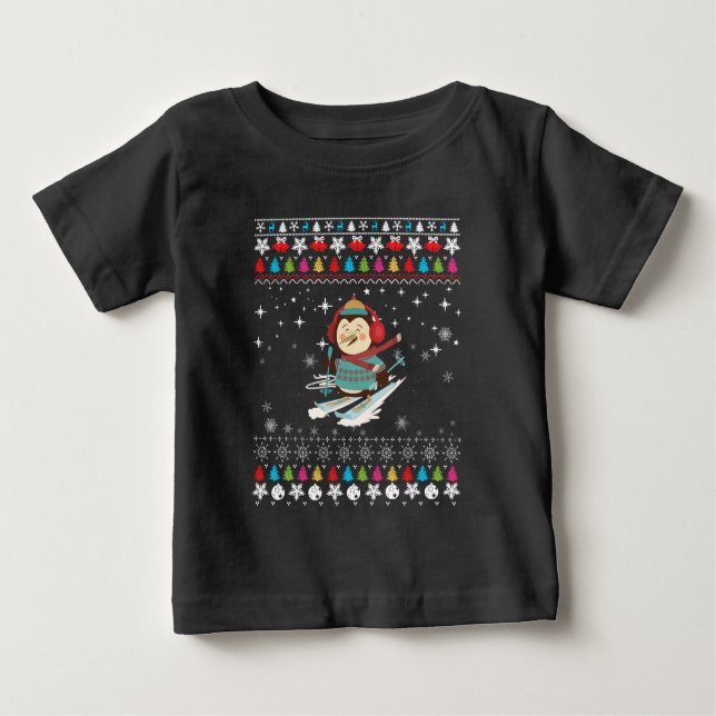 Camiseta Para Bebê Pinguim Pinguim de Esqui no Natal (Frente)