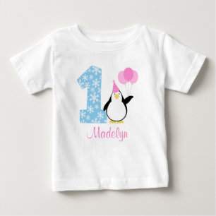 Camiseta Para Bebê Pinguim-rosa-azul Menina de inverno Onederland Ani