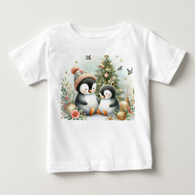 Camiseta Para Bebê Pinguins Natal (Frente)