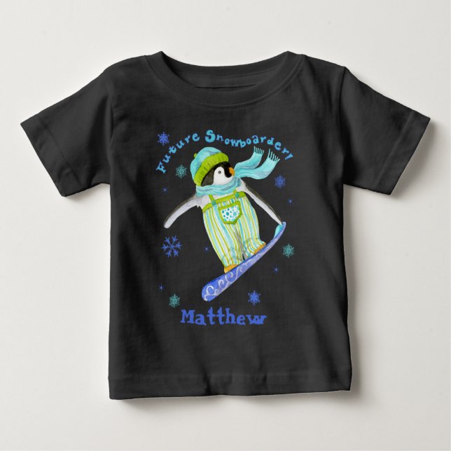 Camiseta Para Bebê Pinguins no Play, Snowboarder, T-shirt de Criança (Frente)