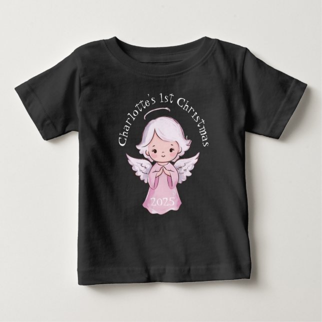 Camiseta Para Bebê Pink 1st Christmas Girls Angel Cute 2025 Black (Frente)