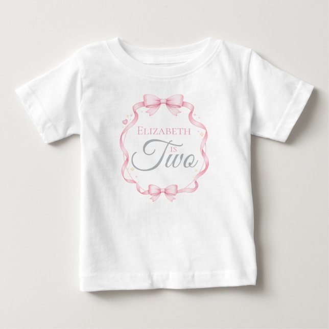 Camiseta Para Bebê Pink Bow Coquette Elizabeth is Two 2nd Birthday (Frente)