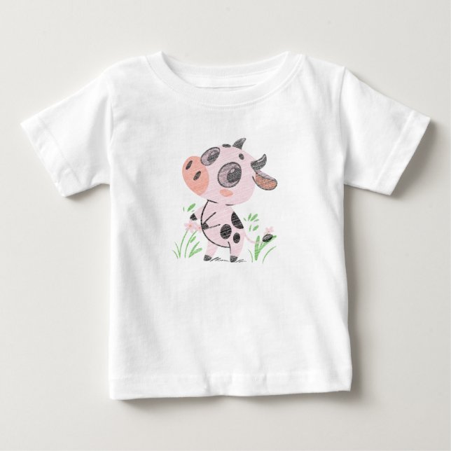 Camiseta Para Bebê Pink Cow with Flowers Cute Animal Art Print (Frente)