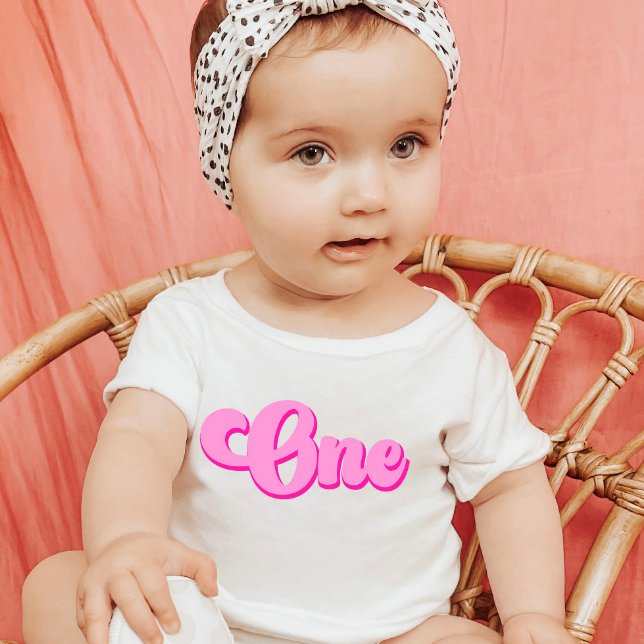 Camiseta Para Bebê Pink Girly Retro 70's ONE 1st Birthday (Criador carregado)