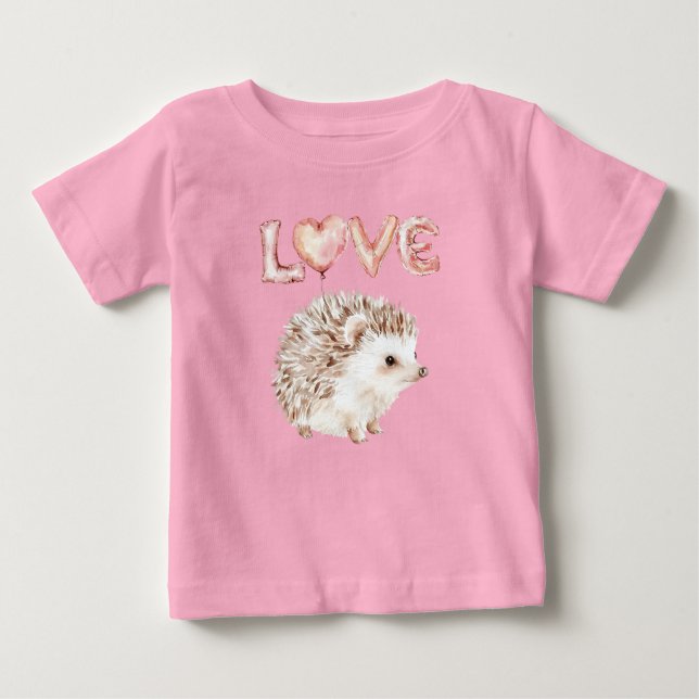 Camiseta Para Bebê Pink Heart Love Balloons Cute Hedgehog (Frente)