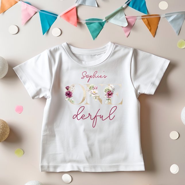 Camiseta Para Bebê Pink peonies onederful birthday party watercolor (Criador carregado)