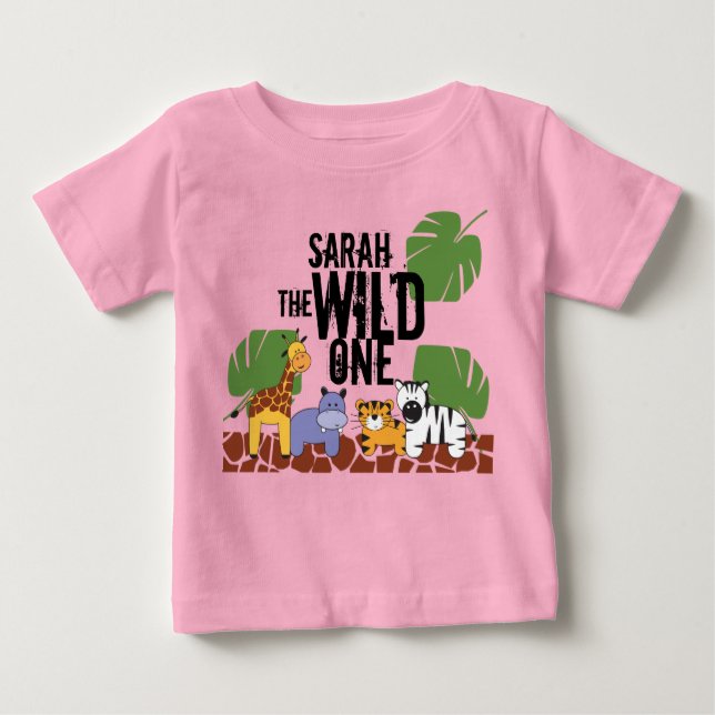 Camiseta Para Bebê PINK PERSalized WILD ONE Safari Primeiro Aniversár (Frente)