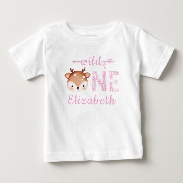 Camiseta Para Bebê Pink Personalizado SELVAGEM 1 Veado Primeiro Anive (Frente)
