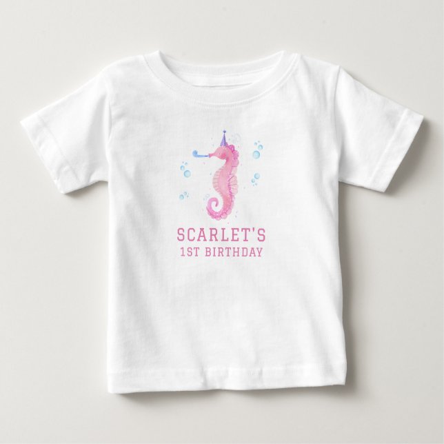 Camiseta Para Bebê Pink Seahorse 1st birthday (Frente)