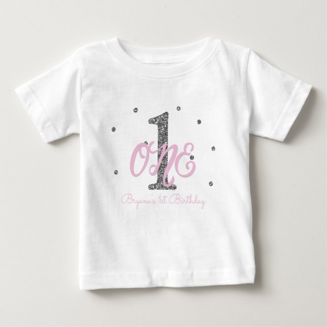 Camiseta Para Bebê Pink & Silver Girls ONE Party - Um primeiro aniver (Frente)