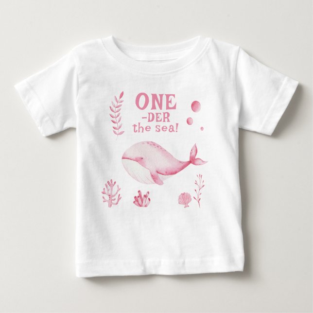 Camiseta Para Bebê Pink Whale Oneder The Sea 1st Birthday  (Frente)