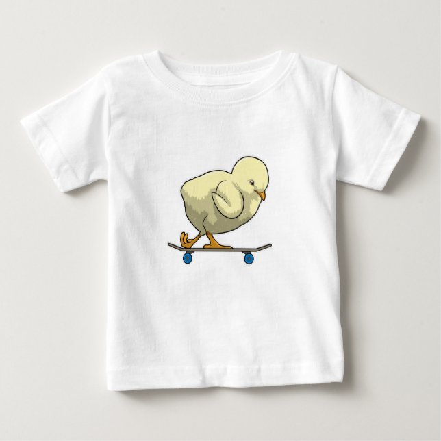 Camiseta Para Bebê Pintinho como skater com skateboard (Frente)