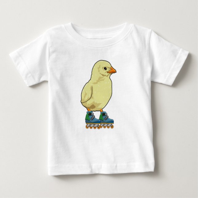 Camiseta Para Bebê Pintinho como skater em linha com skates em linha (Frente)