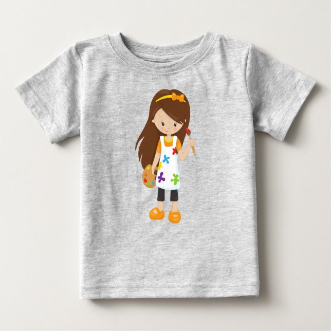 Camiseta Para Bebê Pintor, Artista Plástico, Garota Fofa, Cabelo Cast (Frente)