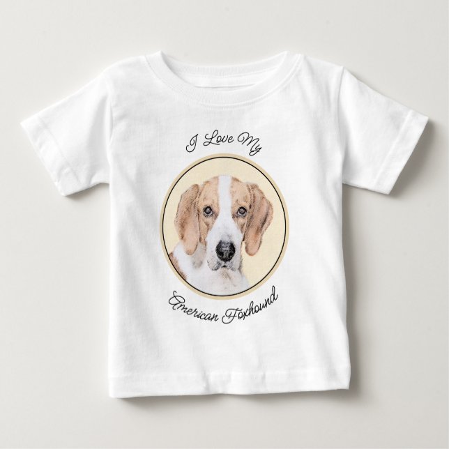 Camiseta Para Bebê Pintura Americana de Foxhound - Arte Cachorra Orig (Frente)