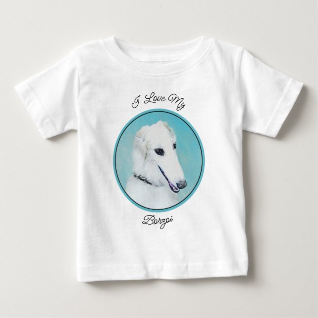 Camiseta Para Bebê Pintura de Borzoi (branca) - Arte de Cachorro Orig (Frente)