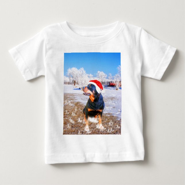 Camiseta Para Bebê Pintura de Natal do Cão Rottweiler (Frente)