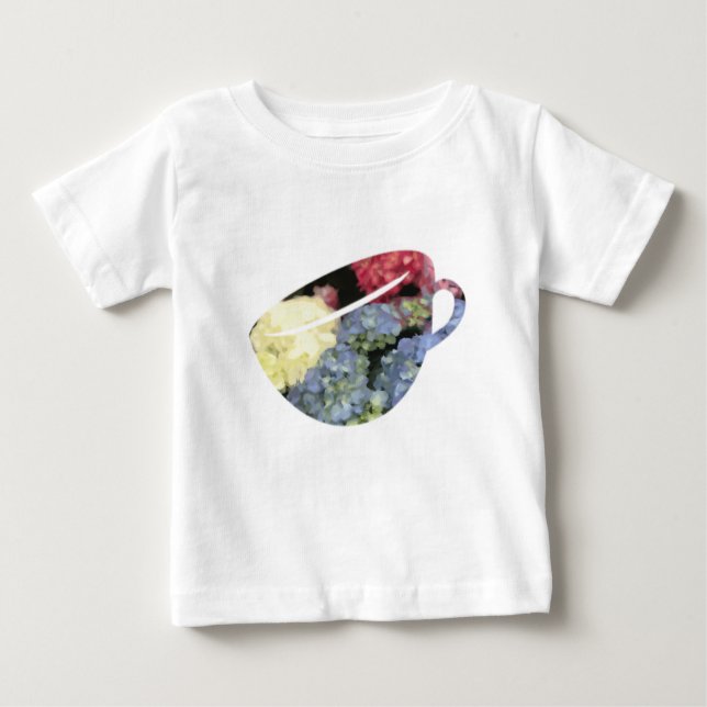 Camiseta Para Bebê Pintura do Teacup do Flor com Hipodrangea Azul e R (Frente)