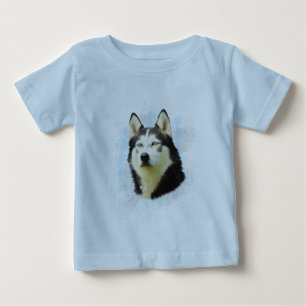 Camiseta Para Bebê Pintura em Aquarela de Cachorro Husky Siberiano