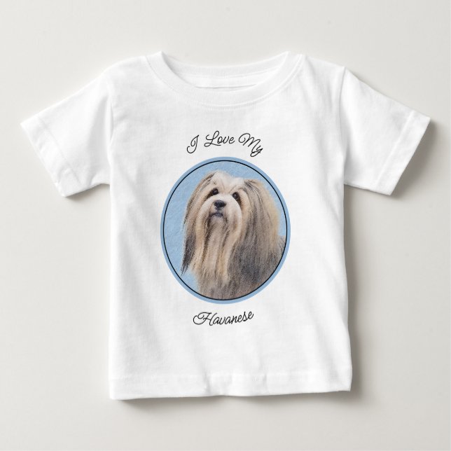 Camiseta Para Bebê Pintura em Havanês (Prata) - Arte Canina Original (Frente)