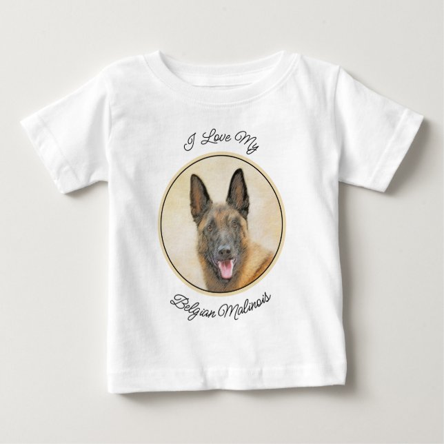 Camiseta Para Bebê Pintura em Malinois Belga - Arte Cachorra Original (Frente)