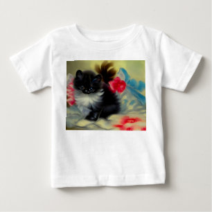 Camiseta Para Bebê Pintura Vintage de Gatinho Preto e Branco