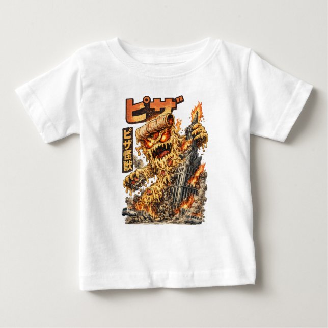 Camiseta Para Bebê Pizza Kaiju – The Cheesy Destruction (Frente)