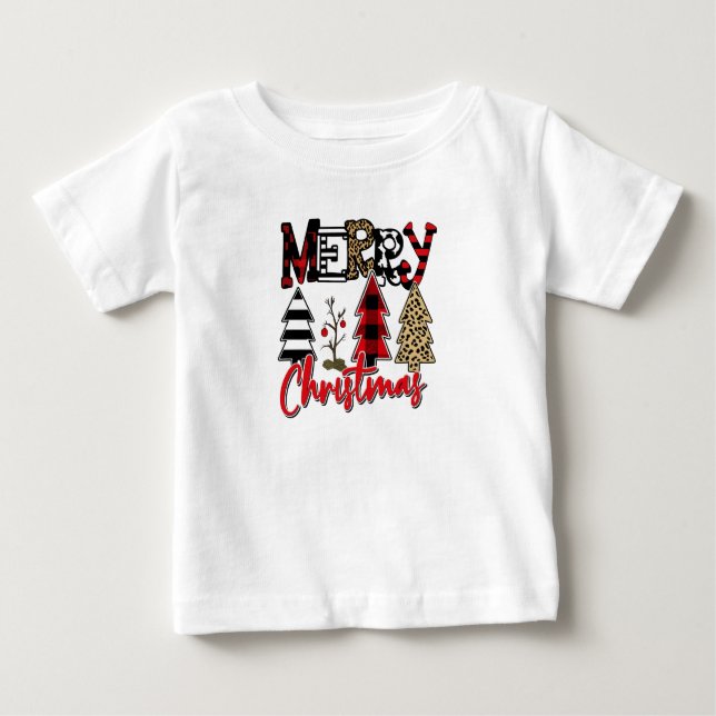 Camiseta Para Bebê Plaid & Leopard Christmas Trees (Frente)