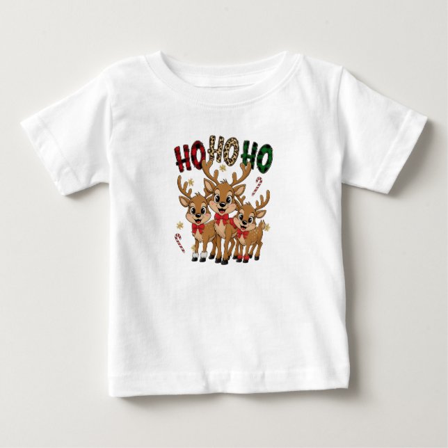 Camiseta Para Bebê Plaid & Leopard Ho Ho Ho Reindeer Kids Christmas (Frente)