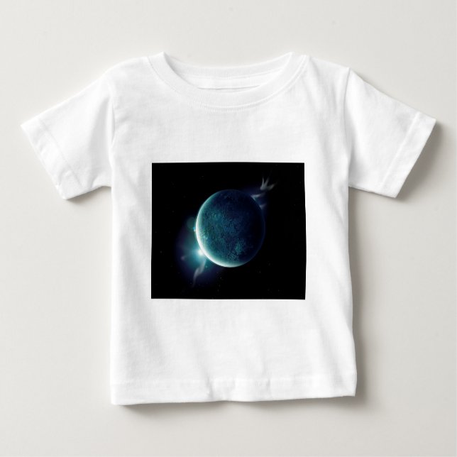Camiseta Para Bebê planeta verde no universo com aura e estrelas (Frente)