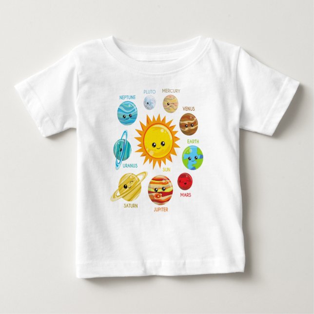Camiseta Para Bebê Planetas Cutos, Sistema Solar, Espaço, Cosmos, Gal (Frente)